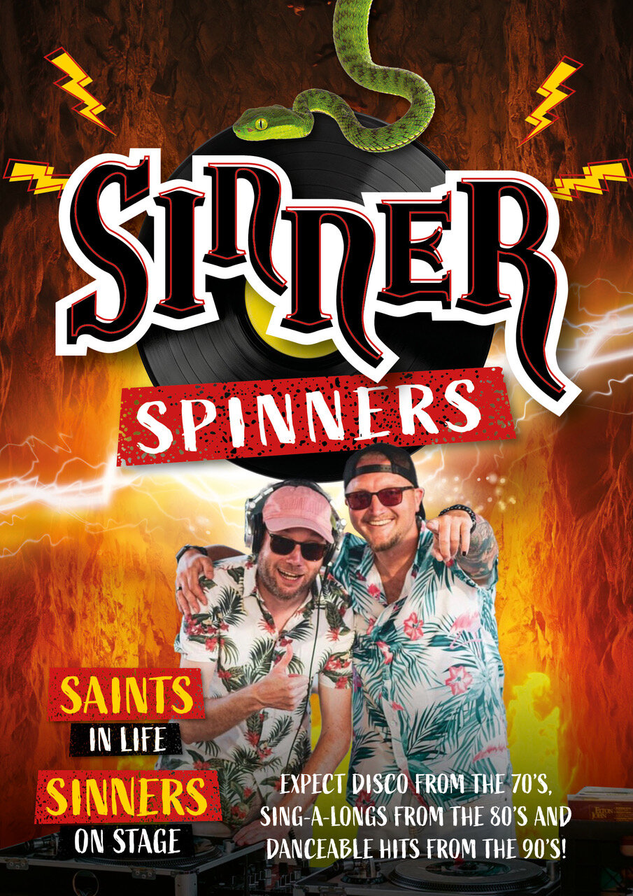 Sinner Spinners — twee DJ's met slang en vinyl-logo
